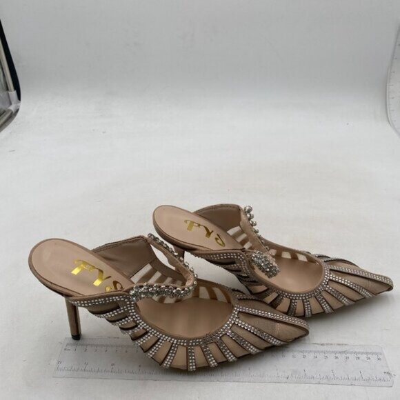 FYS Nude Slip on Pointed Toe Mules Bridal Sandals High Heels Rhinestone Shoes - Picture 4 of 8